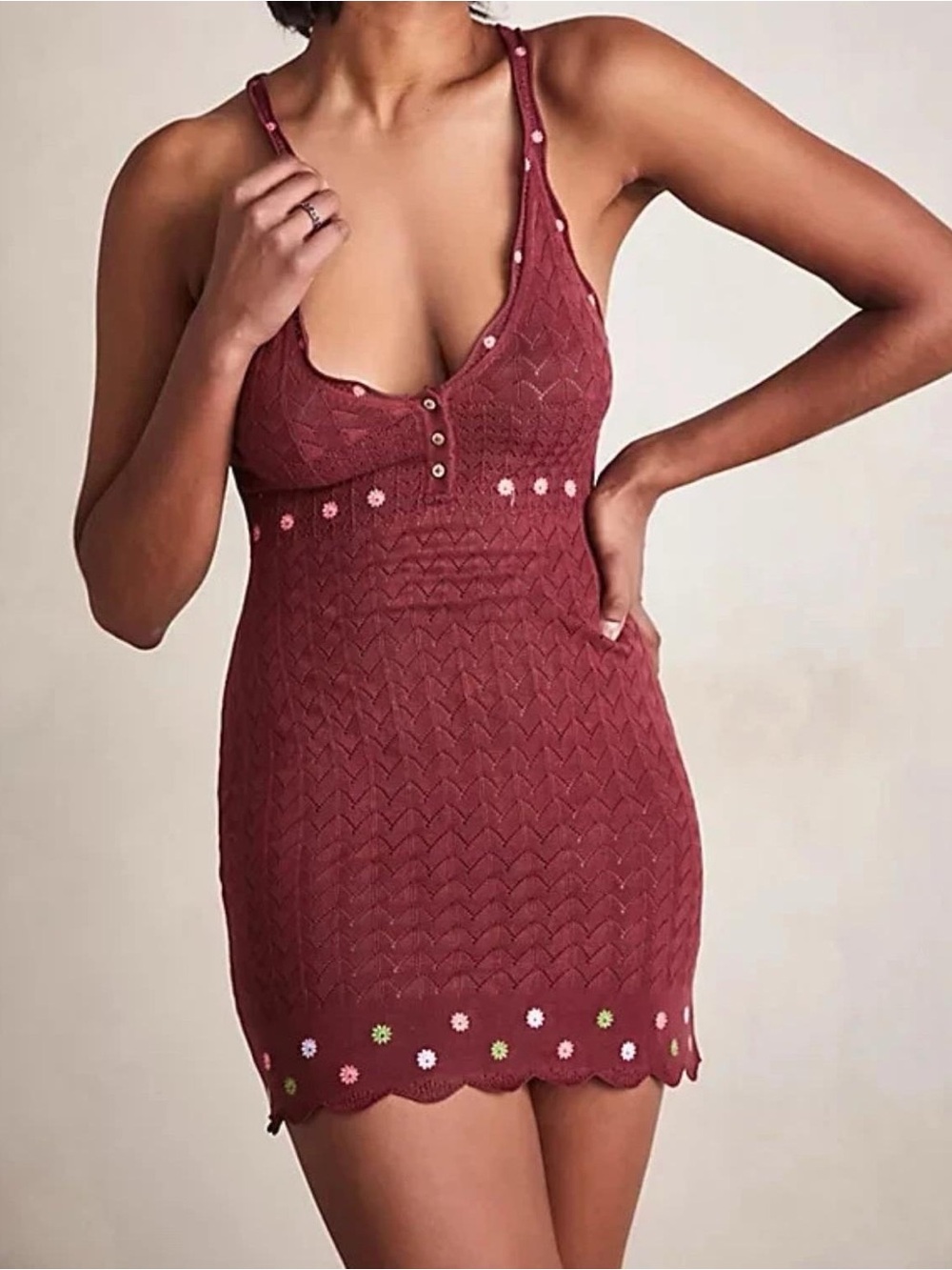 Medium Free People Maroon Knit Mini Dress Floral Trim Embroidered Crochet Boho